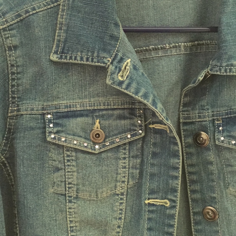 Denim Jacket with Jewels on Chest Pockets